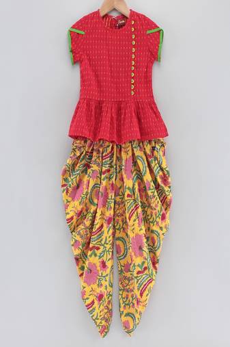 Jaquard Top With Floral Printed Dhoti Pants- Red & Yellow