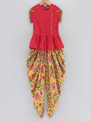Jaquard Top With Floral Printed Dhoti Pants- Red & Yellow 1