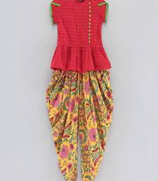 Jaquard Top With Floral Printed Dhoti Pants- Red & Yellow