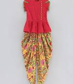 Jaquard Top With Floral Printed Dhoti Pants- Red & Yellow