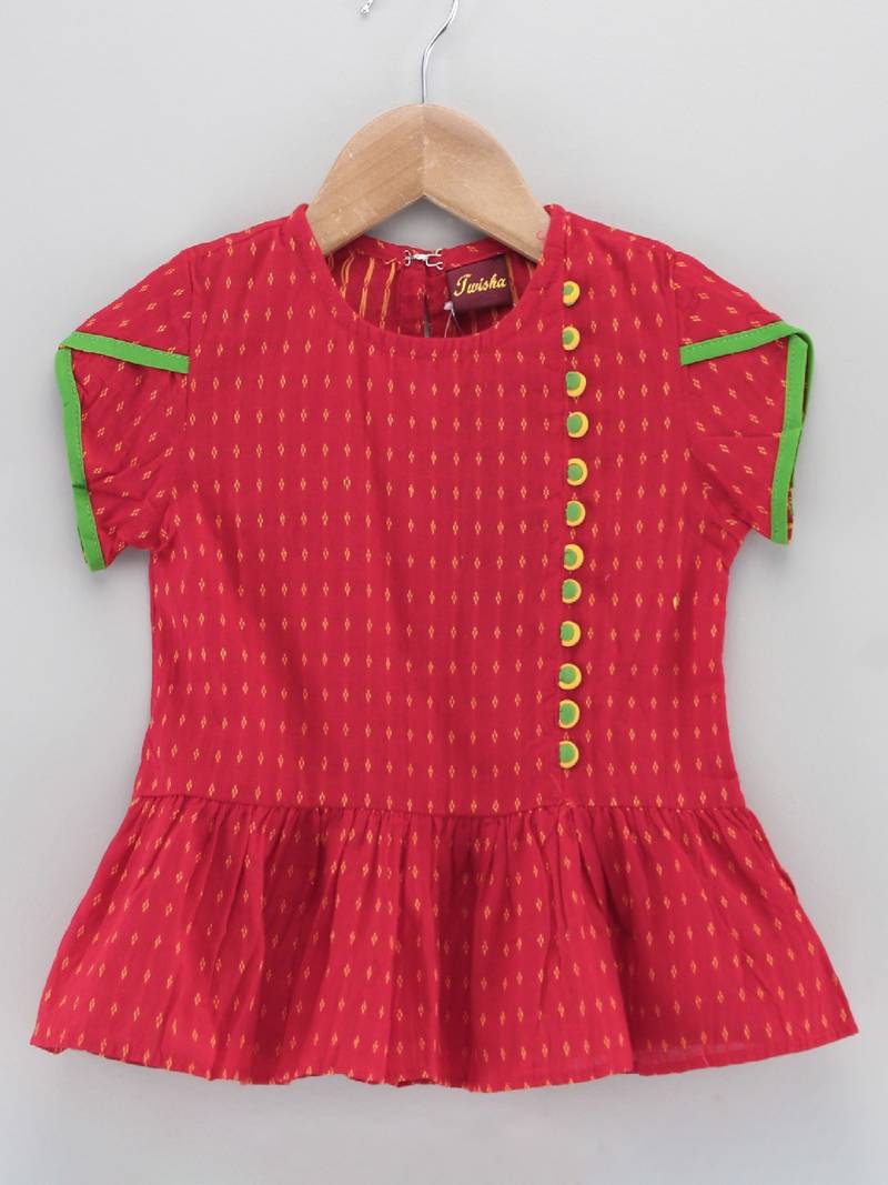 Jaquard Top With Floral Printed Dhoti Pants- Red & Yellow