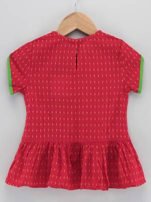 Jaquard Top With Floral Printed Dhoti Pants- Red & Yellow 3