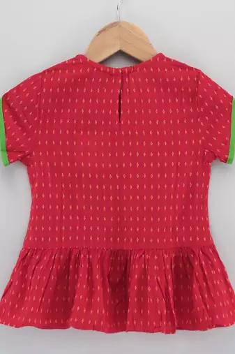 Jaquard Top With Floral Printed Dhoti Pants- Red & Yellow