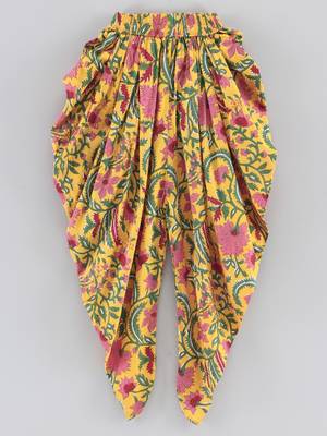 Jaquard Top With Floral Printed Dhoti Pants- Red & Yellow 5