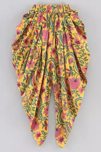 Jaquard Top With Floral Printed Dhoti Pants- Red & Yellow