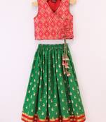 Sleeveless Patola Woven Angarakha Style Choli With Glitter Fish Print Ghagra- Red & Green