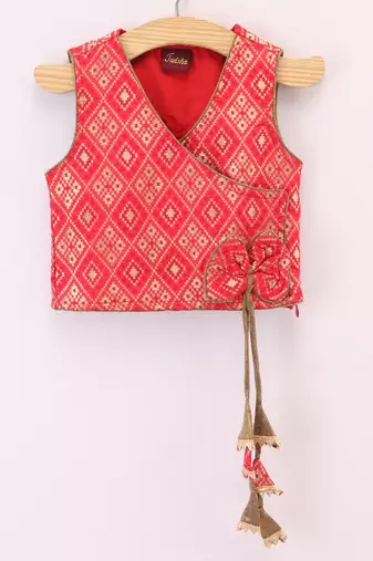 Sleeveless Patola Woven Angarakha Style Choli With Glitter Fish Print Ghagra- Red & Green
