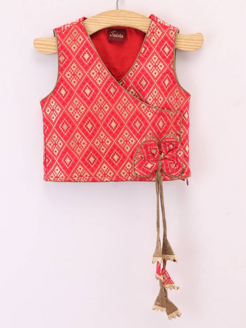 Sleeveless Patola Woven Angarakha Style Choli With Glitter Fish Print Ghagra- Red & Green