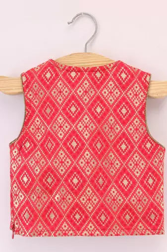 Sleeveless Patola Woven Angarakha Style Choli With Glitter Fish Print Ghagra- Red & Green