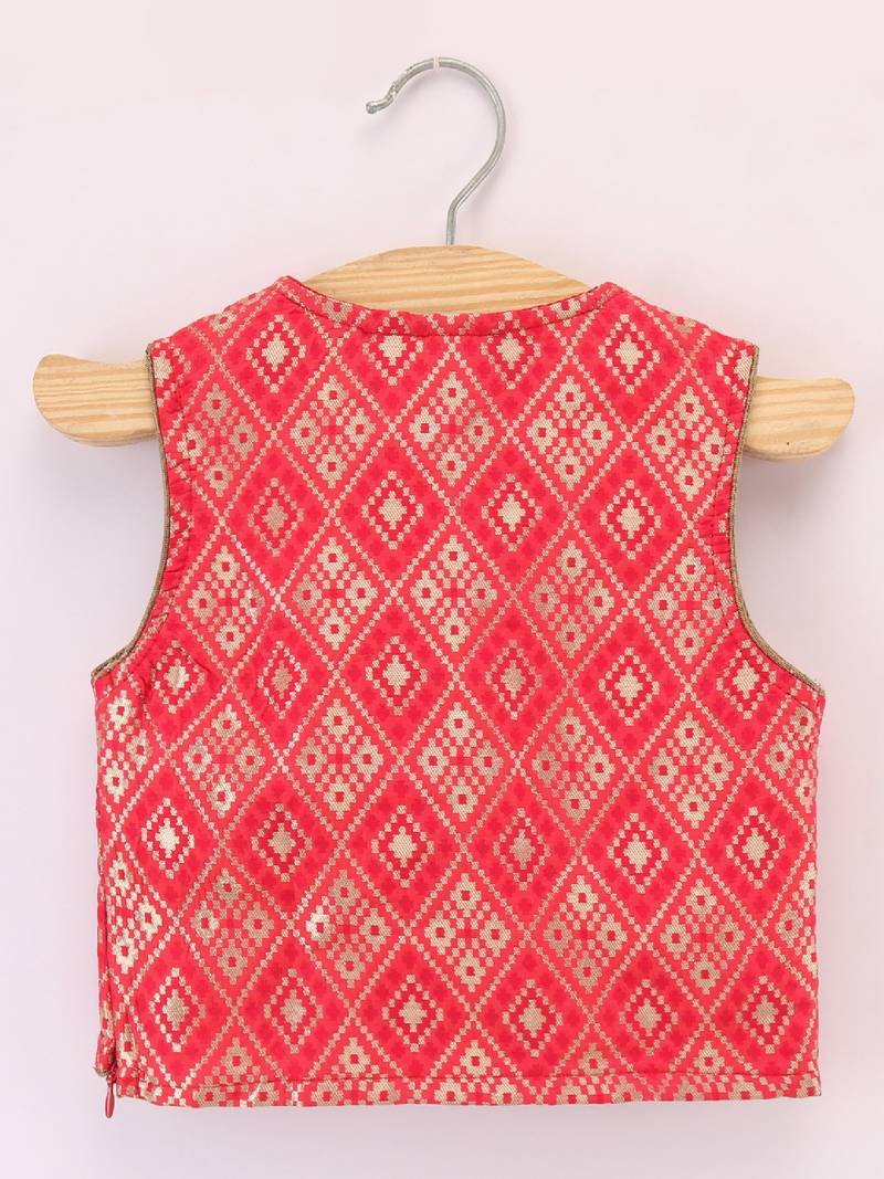 Sleeveless Patola Woven Angarakha Style Choli With Glitter Fish Print Ghagra- Red & Green