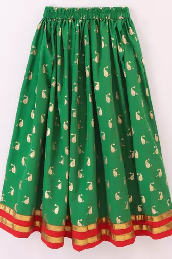 Sleeveless Patola Woven Angarakha Style Choli With Glitter Fish Print Ghagra- Red & Green