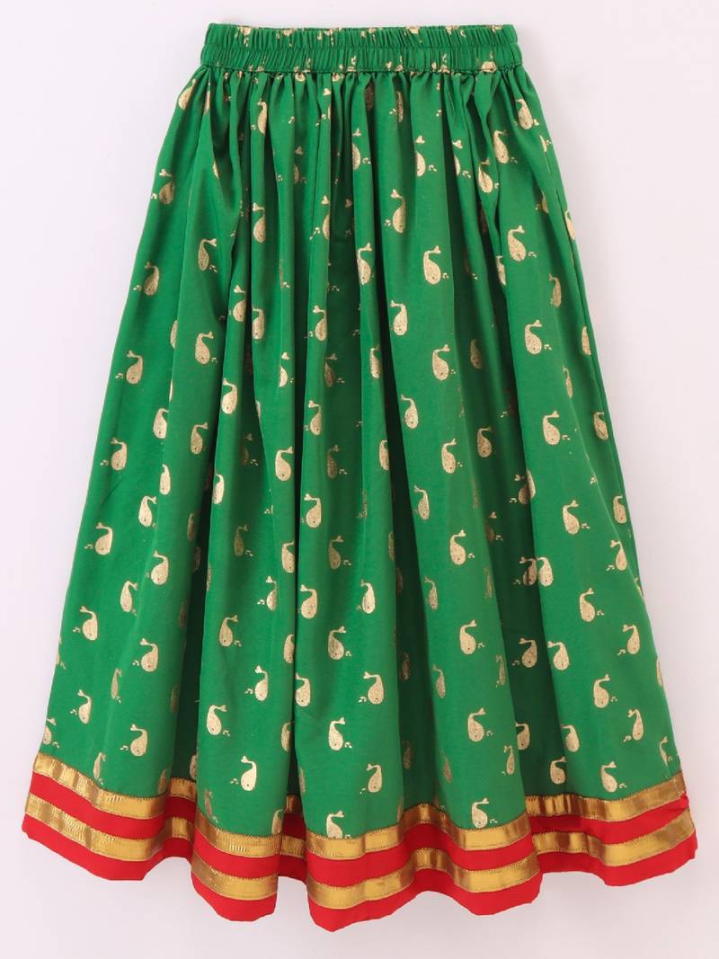Sleeveless Patola Woven Angarakha Style Choli With Glitter Fish Print Ghagra- Red & Green