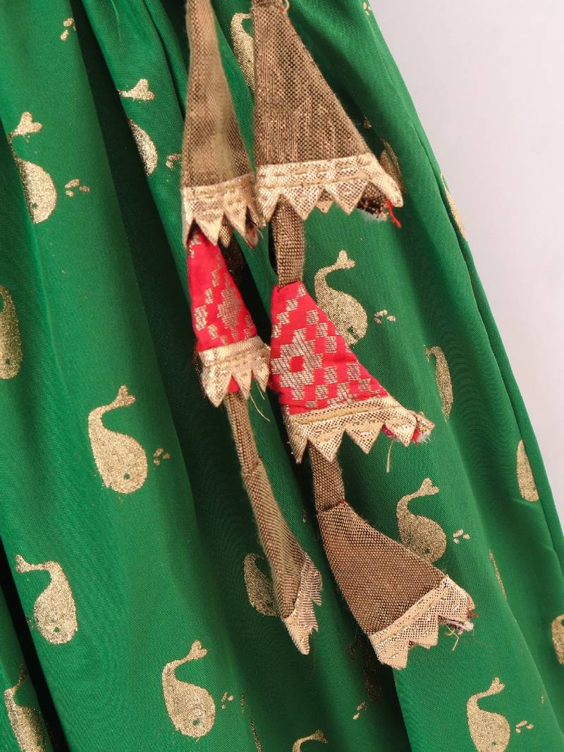 Sleeveless Patola Woven Angarakha Style Choli With Glitter Fish Print Ghagra- Red & Green