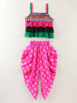 Sleeveless Mirror Work Detail Ruffled Top With Motif Design Dhoti Pants- Pink 1