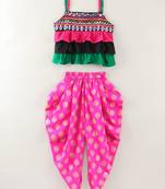 Sleeveless Mirror Work Detail Ruffled Top With Motif Design Dhoti Pants- Pink