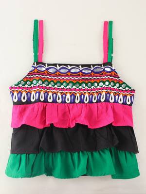 Sleeveless Mirror Work Detail Ruffled Top With Motif Design Dhoti Pants- Pink 2