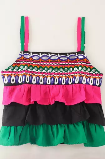 Sleeveless Mirror Work Detail Ruffled Top With Motif Design Dhoti Pants- Pink