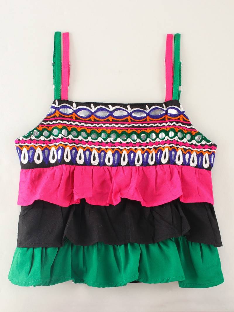 Sleeveless Mirror Work Detail Ruffled Top With Motif Design Dhoti Pants- Pink