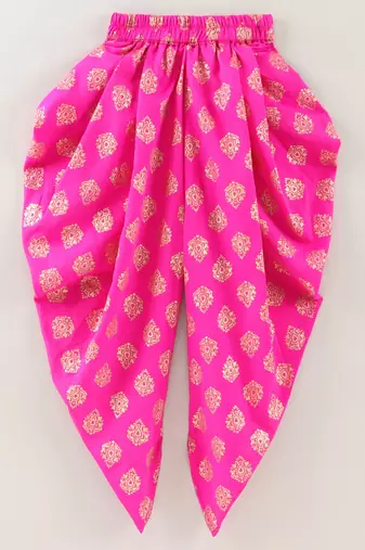 Sleeveless Mirror Work Detail Ruffled Top With Motif Design Dhoti Pants- Pink