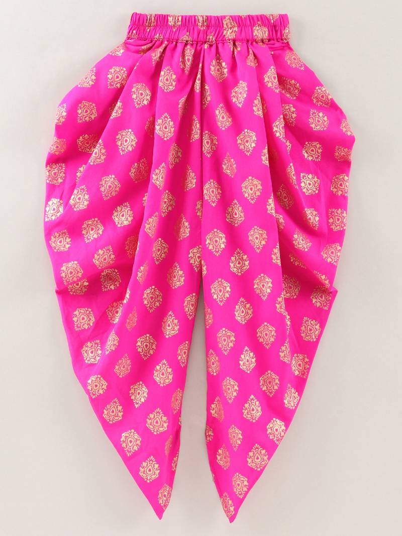 Sleeveless Mirror Work Detail Ruffled Top With Motif Design Dhoti Pants- Pink