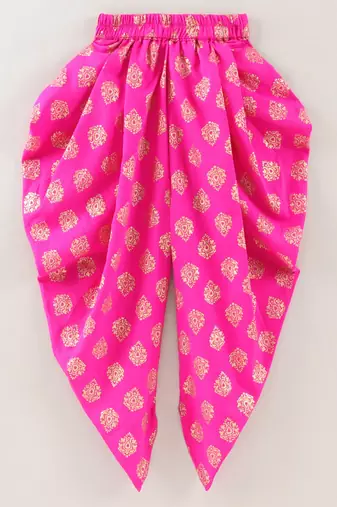 Sleeveless Mirror Work Detail Ruffled Top With Motif Design Dhoti Pants- Pink