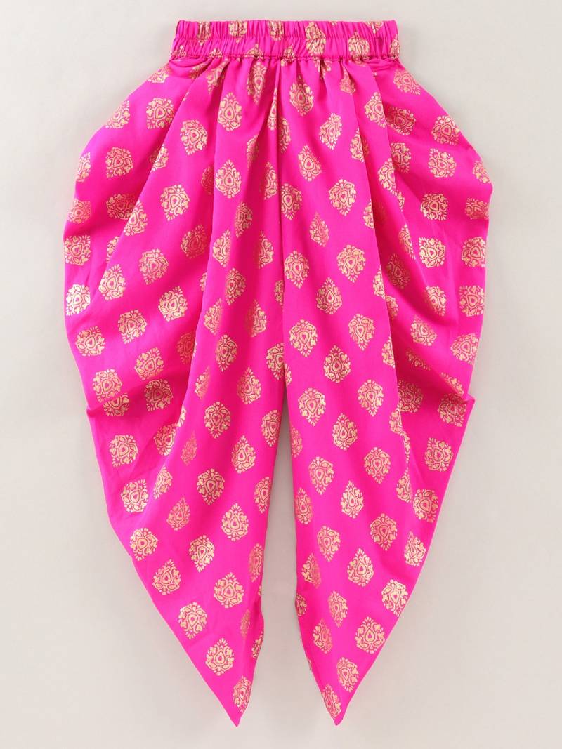 Sleeveless Mirror Work Detail Ruffled Top With Motif Design Dhoti Pants- Pink