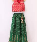 Sleeveless Diamond Design Choli With Paisley Print Crush Detail Ghagra- Red & Green