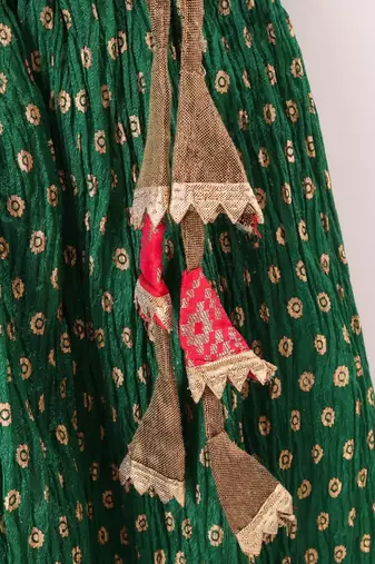 Sleeveless Diamond Design Choli With Paisley Print Crush Detail Ghagra- Red & Green