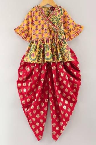 Three Fourth Sleeves All Over Floral Printed Angarakha Style Kurta With Motif Foil Printed Dhoti Pants- Yellow & Red
