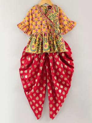 Three Fourth Sleeves All Over Floral Printed Angarakha Style Kurta With Motif Foil Printed Dhoti Pants- Yellow & Red 1