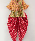 Three Fourth Sleeves All Over Floral Printed Angarakha Style Kurta With Motif Foil Printed Dhoti Pants- Yellow & Red