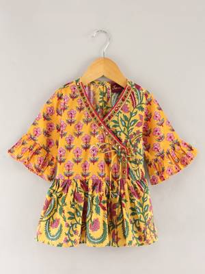 Three Fourth Sleeves All Over Floral Printed Angarakha Style Kurta With Motif Foil Printed Dhoti Pants- Yellow & Red 2