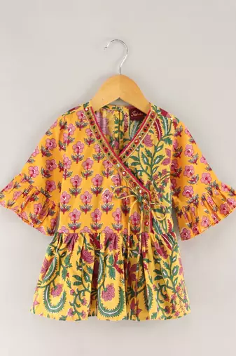 Three Fourth Sleeves All Over Floral Printed Angarakha Style Kurta With Motif Foil Printed Dhoti Pants- Yellow & Red