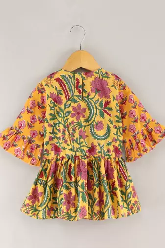 Three Fourth Sleeves All Over Floral Printed Angarakha Style Kurta With Motif Foil Printed Dhoti Pants- Yellow & Red