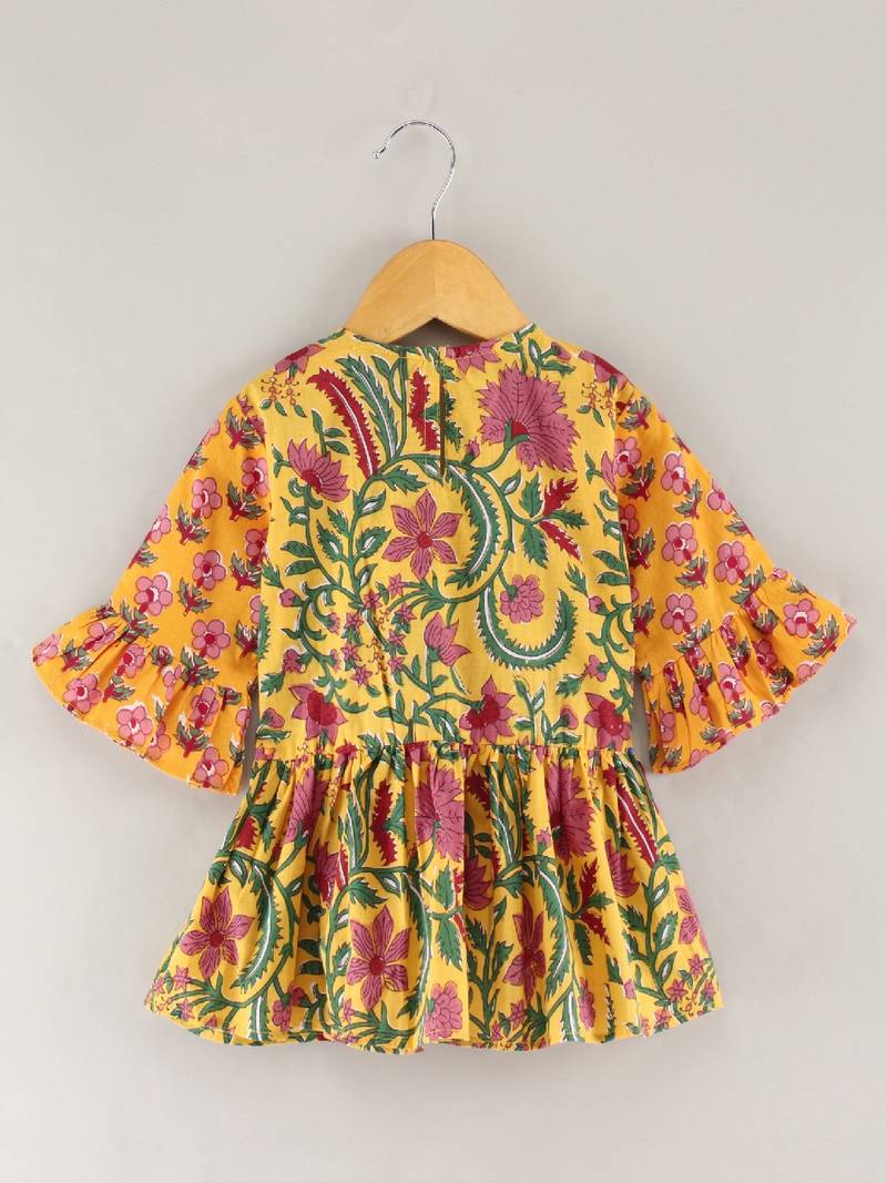 Three Fourth Sleeves All Over Floral Printed Angarakha Style Kurta With Motif Foil Printed Dhoti Pants- Yellow & Red