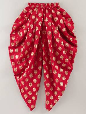 Three Fourth Sleeves All Over Floral Printed Angarakha Style Kurta With Motif Foil Printed Dhoti Pants- Yellow & Red 4