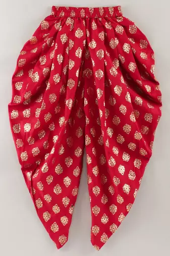 Three Fourth Sleeves All Over Floral Printed Angarakha Style Kurta With Motif Foil Printed Dhoti Pants- Yellow & Red