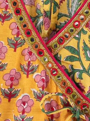 Three Fourth Sleeves All Over Floral Printed Angarakha Style Kurta With Motif Foil Printed Dhoti Pants- Yellow & Red 5
