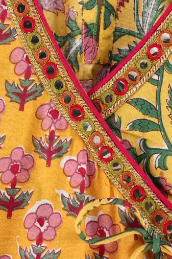 Three Fourth Sleeves All Over Floral Printed Angarakha Style Kurta With Motif Foil Printed Dhoti Pants- Yellow & Red
