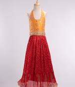 Sleeveless Brocade Style Halter Neck Choli With Crush Effect Ghagra- Yellow & Red