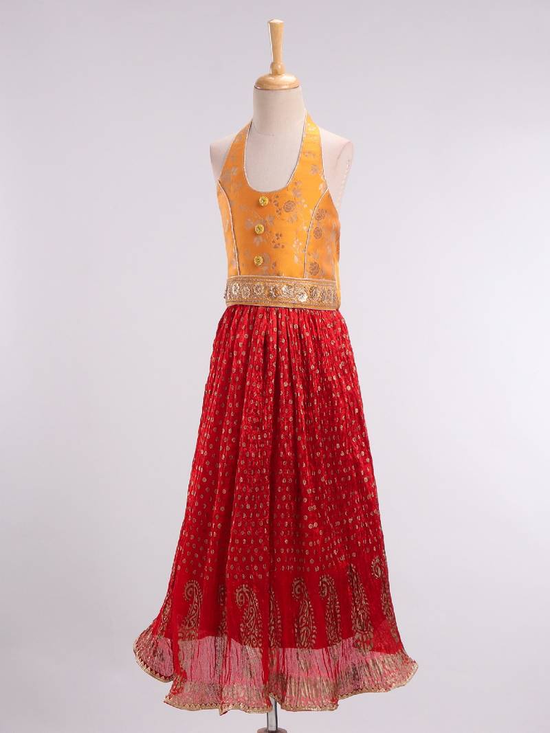 Sleeveless Brocade Style Halter Neck Choli With Crush Effect Ghagra- Yellow & Red