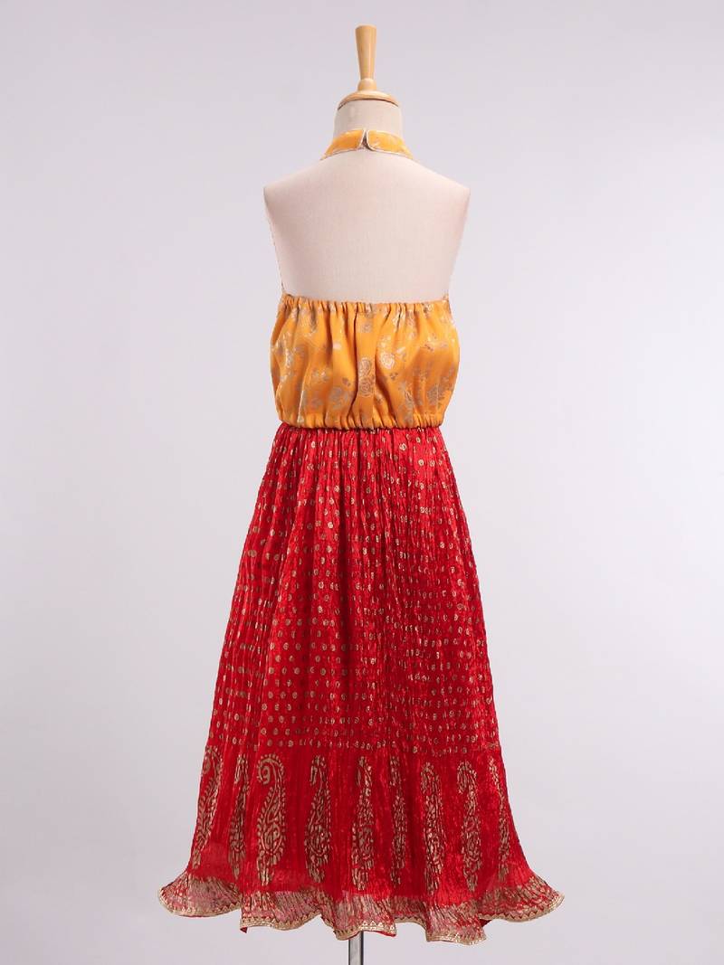 Sleeveless Brocade Style Halter Neck Choli With Crush Effect Ghagra- Yellow & Red