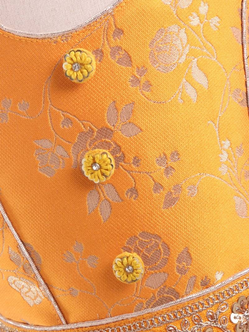 Sleeveless Brocade Style Halter Neck Choli With Crush Effect Ghagra- Yellow & Red