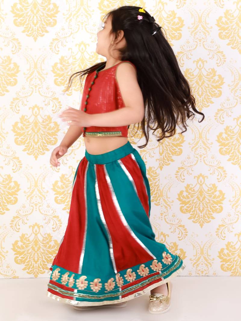 Colour Blocked Ghaghra And Choli- Maroon & Blue