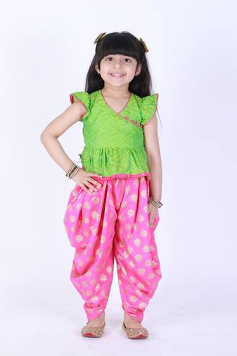 Kedia Style Top With Mirrorwork And Bird Print Dhoti Pants- Green & Pink