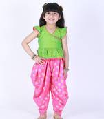Kedia Style Top With Mirrorwork And Bird Print Dhoti Pants- Green & Pink