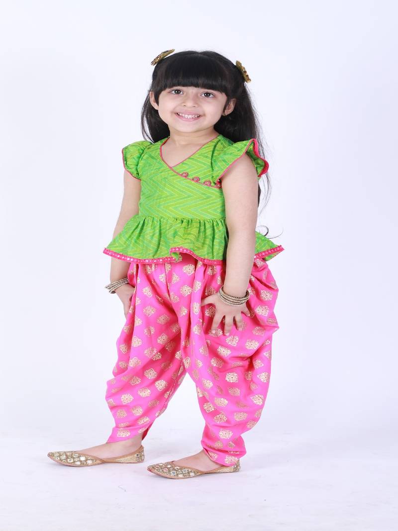 Kedia Style Top With Mirrorwork And Bird Print Dhoti Pants- Green & Pink