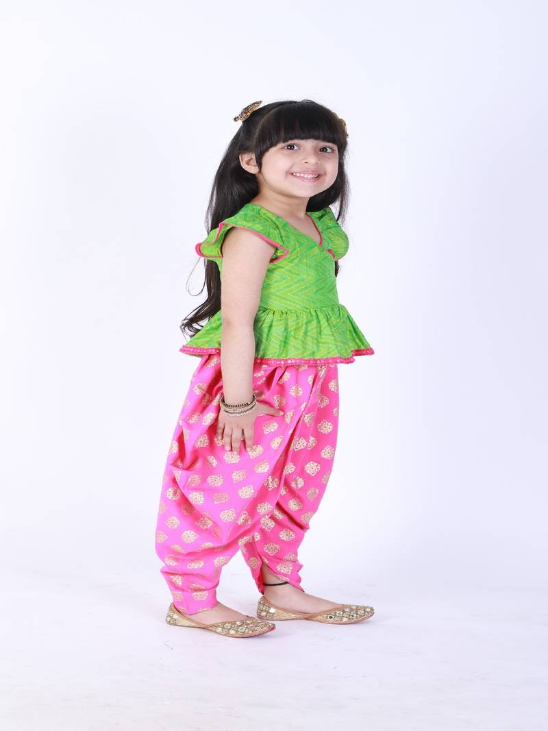 Kedia Style Top With Mirrorwork And Bird Print Dhoti Pants- Green & Pink