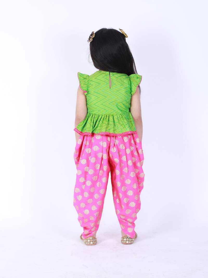 Kedia Style Top With Mirrorwork And Bird Print Dhoti Pants- Green & Pink