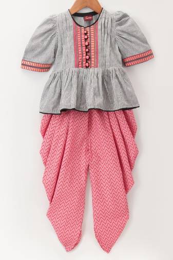 Stripes Peplum Top With Printed Dhoti Pants- Grey & Pink